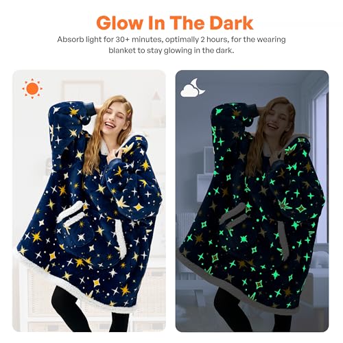 Image of Giggling Getup Wearable Blanket Hoodie for Adults Gifts for Teen Girls Sister Women Sherpa Fleece Printed Hooded Blanket Sweatshirt Warm Cozy with Pocket & Sleeves Dark Blue Glowing Stars