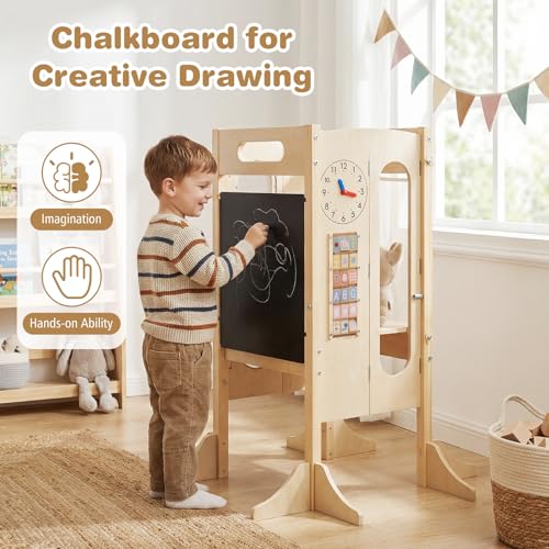 Image of Costzon Toddler Step Stool, 4-in-1 Foldable Standing Tower with Built-in Chalkboard & Detachable Safety Net, Montessori Games, Anti-tip Feet, Wooden Kitchen Kids Helper for Boys & Girls Aged 3+