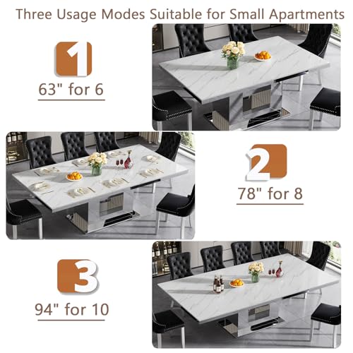 Image of Modern 63 inch-94 inch Rectangular White Faux Marble Extendable Dining Table for 6-10, Luxury Rectangular Dining Room Table, Kitchen Dinner Tables with Marble Veining Tabletop & Mirror Acrylic Base