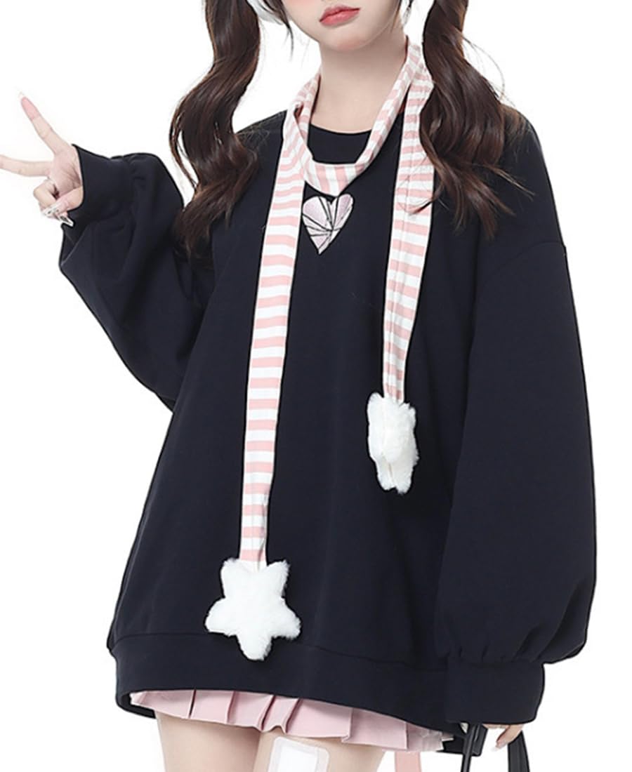 EMILYLE Women Back Lace Up Sweatshirt Long Sleeve Crew Neck Pullover Cute Style Outwear(pink,L)