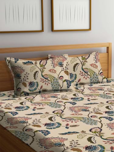 Image of Blue Strip Polycotton Fitted Bedsheet, King 72x78 (Yellow White Leaf) | 300 TC | All-Round Elastic Grip | Soft, Breathable & Colourfast | Wrinkle Resistant | Machine Washable