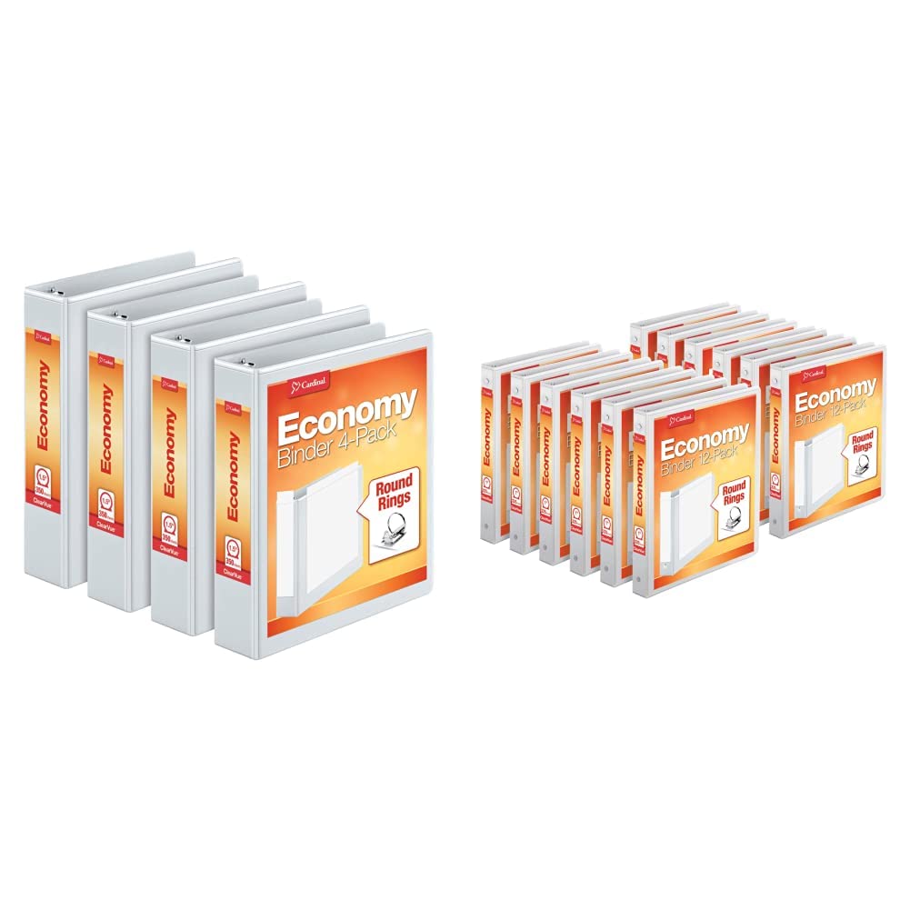 Photo 1 of Cardinal 1.5 Inch 3 Ring Binder, Round Ring, White, 4 Pack & Economy 3-Ring Binders, 1", Round Rings, Holds 225 Sheets, ClearVue Presentation View, Non-Stick, White, Carton of 12 (90621) 1.5-Inch Binder + 3-Ring Binders