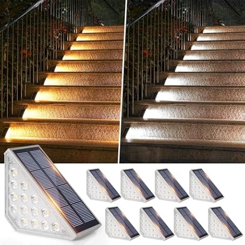 Solar Step Lights 8-Pack, Upgraded 2 in 1 LED Solar Stair Lights Waterproof, Outdoor Deck Lights with 2 Colors, Solar Lights for Outside Steps Stairs Sidewalk Yard Patio Porch, Warm White & Cool White Cover