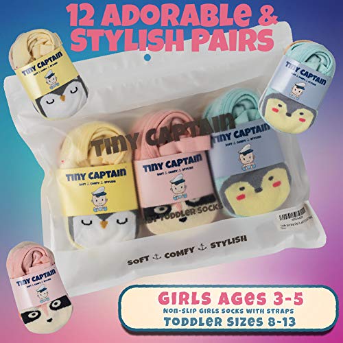 Baby Toddler Girls Strap Grip Cartoon Socks 12 Pack (1-3 Year Old, 12 Pairs)
