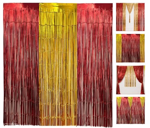 Extra Wide Foil Fringe Curtains Red Gold 9.9ft for Group Photos B...
