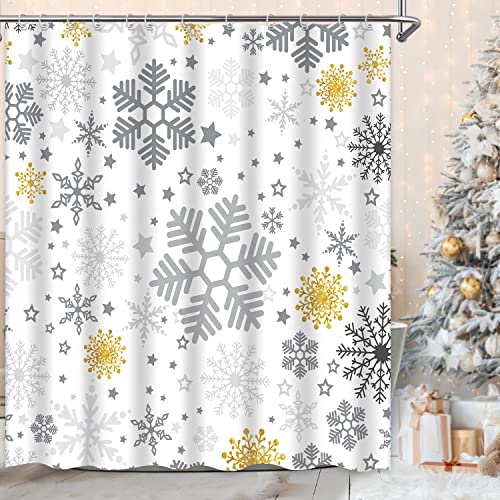 Jofei Snowflake Shower Curtain Christmas Winter Grey Gold Snowflakes Bath Curtain Waterproof Polyester Fabric Merry Xmas Holiday Bathroom Decor, 72 X 72 Inches #TOP1