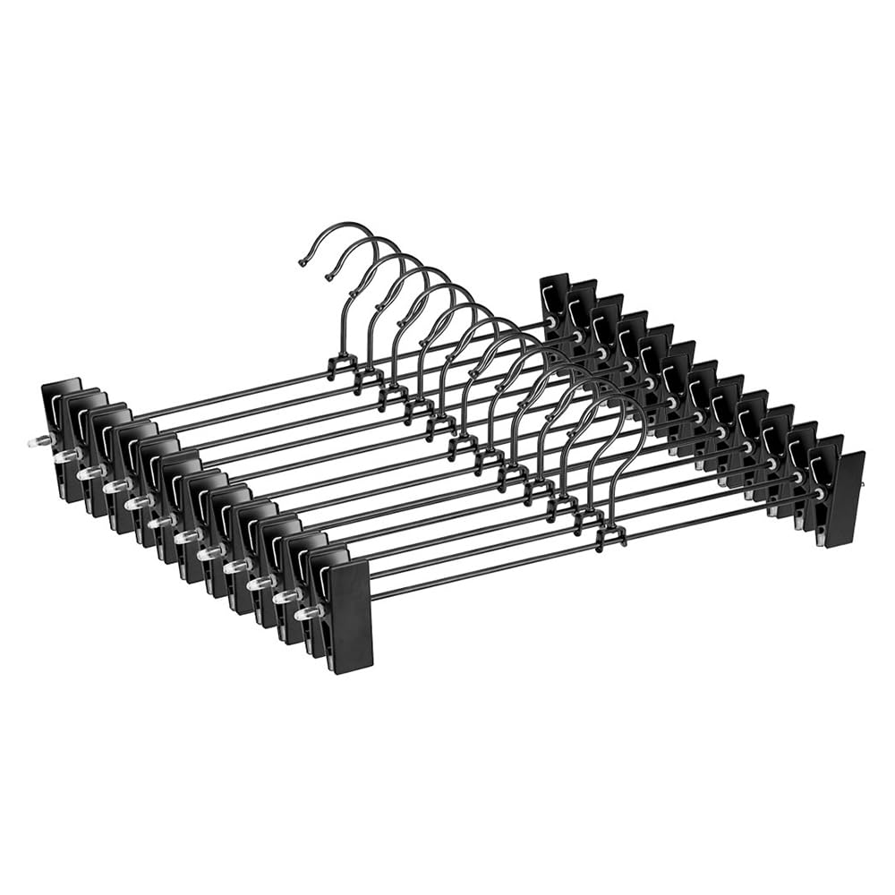 Metal Heavy Duty Pants Skirt Slacks Hangers,Trousers Hangers with Two Adjustable Clips and 360-degree Swivel Hook, 12 Pack, Matt Black