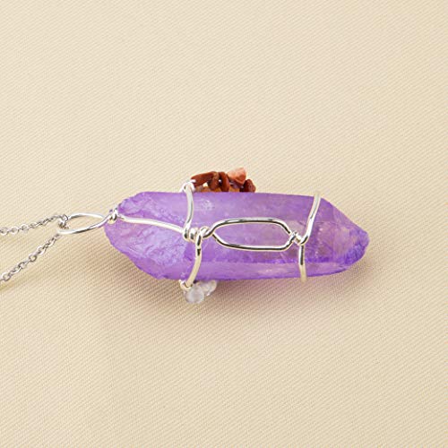 Bivei Tree of Life 7 Chakra Gemstone Copper Wire Wrap Irregular Clear Quartz Point Crystal Pendant Necklace(Silver Plated Chakra-Titanium Coated Purple) - Thumbnail 4