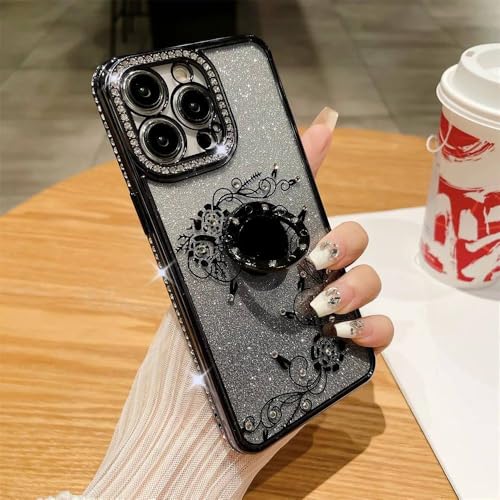 Étui iPhone 14 Pro Max floral avec anneau rotatif et support paillettes noir