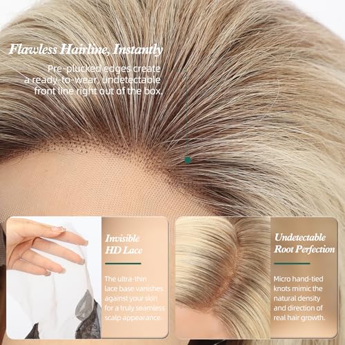 Image of Ombre Mixed Blonde Wig Human Hair Pre Plucked Straight Short Bob Wigs 5x6 UHD Lace Front Wigs Remy Real Human Hair for Women 14Inch