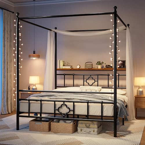 Homkdom Canopy Bed Frame with Storage Headboard, Queen Size Bed Frame with 4 Removable Posts, Sturdy Metal Platform with Under-Bed Storage, Dual Purpose Bed Frame, No Box Spring Needed, Black
