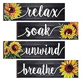 Jetec 4 Pieces Sunflower Bathroom Decor Kitchen Decoration Farmhouse Wall Signs Rustic Sunflower Bathroom Wall Art Wooden Signs(Gray)