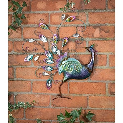 Weatherproof Garden wall art Metal Jewelled Hand Painted Peackock Garden Ornaments Decoration Wall...