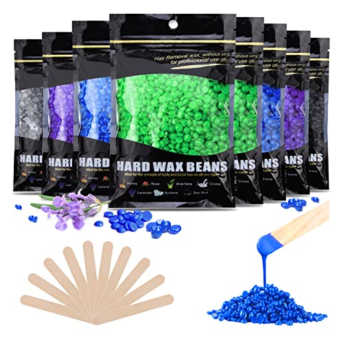 Professional Wax Beads Hair Removal,Wolady 8 Bags Painless Hard Wax Beans (100G/Bag),Hot Wax Kit with 10 Applicators and Different Flavor for for Full Body, Face & Bikini Areas