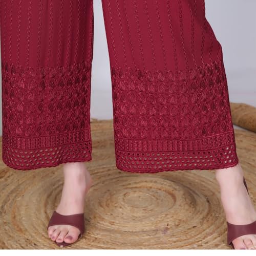 Image of VIVIKA Chikankari Palazzo Pants for Women |Rayon Wide Leg Ethnic Palazo with Embroidery | Comfortable Elastic Waist Women's Palazzo for Casual, Festive & Office Wear