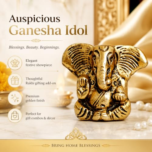Image of Dreamica Designer Set of 2 Rakhi, Printed 12x12 Inch Cushion,Lord Ganesha Idol,Message Bottle, Standee Showpiece, Fridge Magnet, Greeting Card and Tilak Set | Best Rakhi Gift for Brother