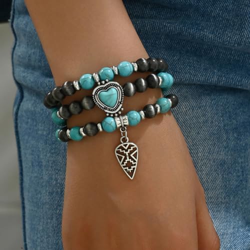 Turquoise Western Cowgirl Bracelets for Women Handmade Stackable Turquoise Beaded Stretch Bracelet Vintage Rodeo Western Jewelry Set Country Cowboy Outfit Accessories3
