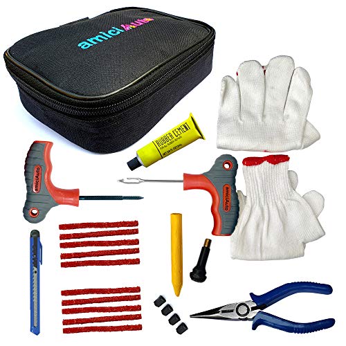 amiciAuto Tubeless Tyre Puncture Repair Complete Kit for Car and Bike (Complete Kit with Easy Storage Nylon Bag)