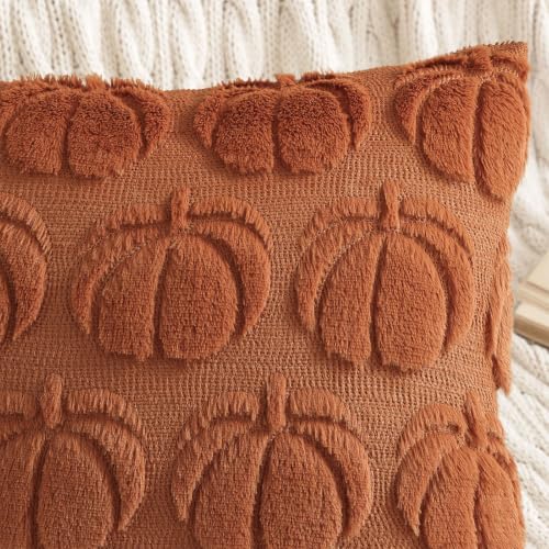 Image of decorUhome Fall Decorative Light Rust Pumpkin Throw Pillow Covers 16x16 Set of 2, Soft Faux Fur Plush Farmhouse Accent Pillow Cases for Couch Bed Sofa Autumn Harvest Halloween Holiday Home Decor