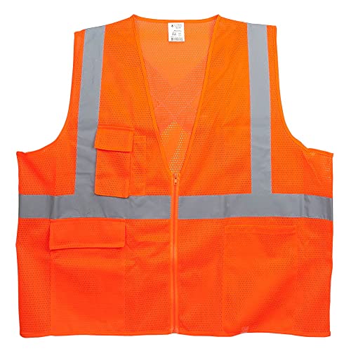 SAFEGEAR 5-pk. Type R Class 2 Safety Vest with Pockets and Zipper Closure - Large XL, Polyester Mesh Orange High Visibility Vest for Men or Women - J. J. Keller & Associates
