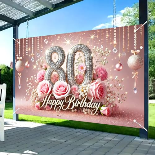 Image of Nuxovilar 80th Birthday Banner - Elegant Pink & Gold Floral Backdrop