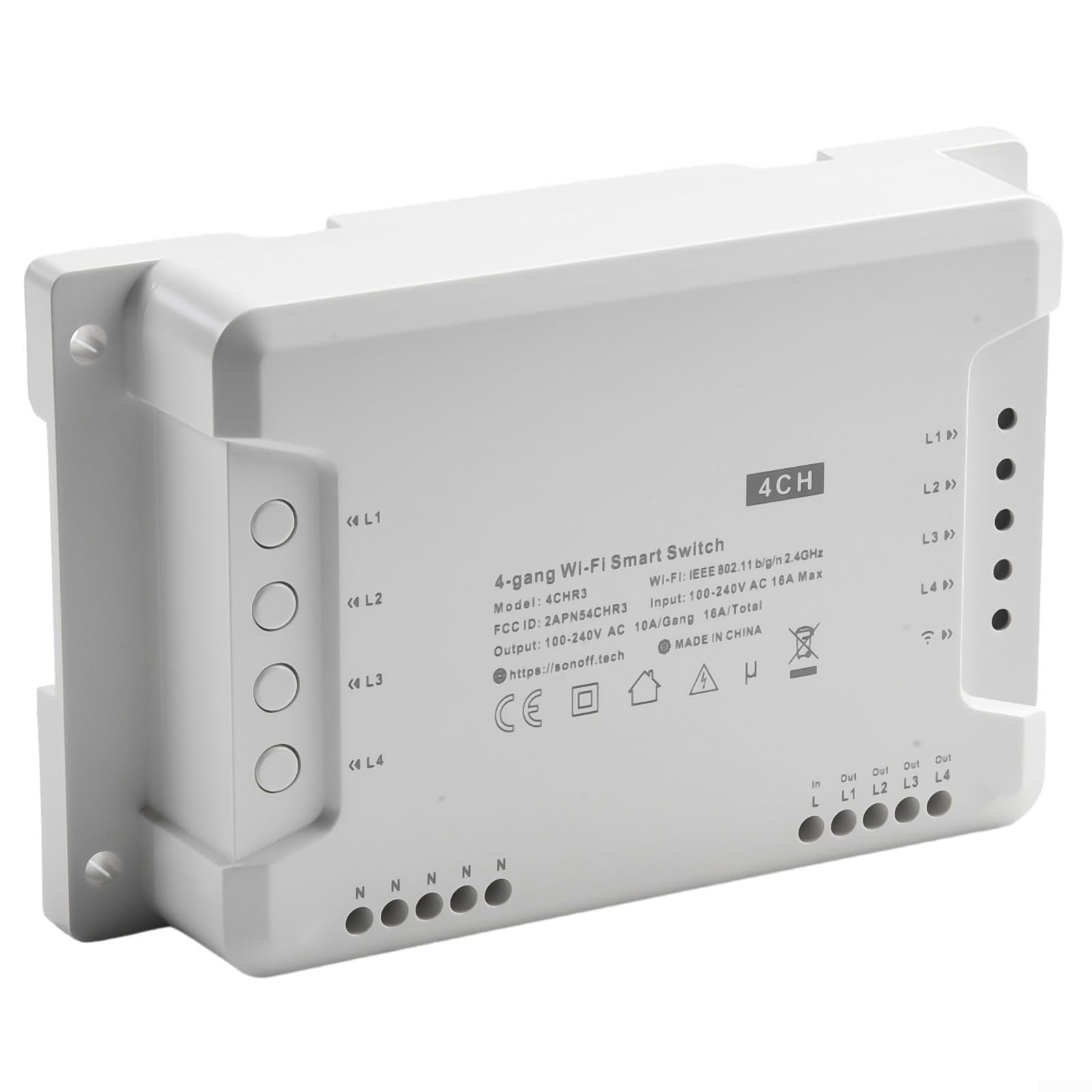 Interruptor inteligente Wi-Fi 4CH PRO R3/4CH R3, módulo de relé de 4 vías con modos de autobloqueo/enclavamiento/pulgadas, control de voz para hogar inteligente, CA 100-240V, blanco (para Sonoff 4CH