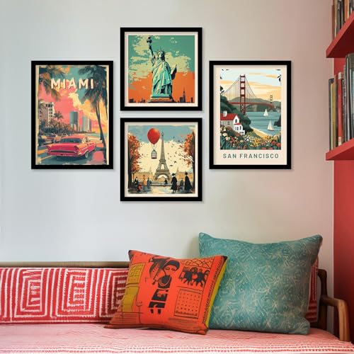 Image of kotart Retro Travel Theme - Modern Art City Vibes Wall Decor Photo Frames - Framed Posters - Wall Poster with Frame for Room Office Living Room Hotel Home Decor Set of 8 (Art 2, Big(13x17 or 13x13 inch), Framed)
