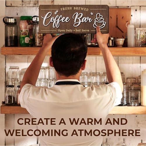 Image of Woodamore Coffee Bar Signs for Wall Decor - Vintage Coffee Accessories for Cafe Station Signs Decorations, Small Farmhouse Cafe Sign for Home Decor Kitchen, Countertop