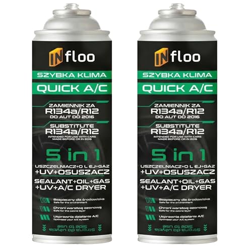 2x INfloo Quick A/C 5in1 R134a – Kältemittel Ersatzgas mit Öl, Dichtmittel, UV-Kontrastmittel und Trockner – 205 g für Auto Klimaanlagen bis Baujahr 2016