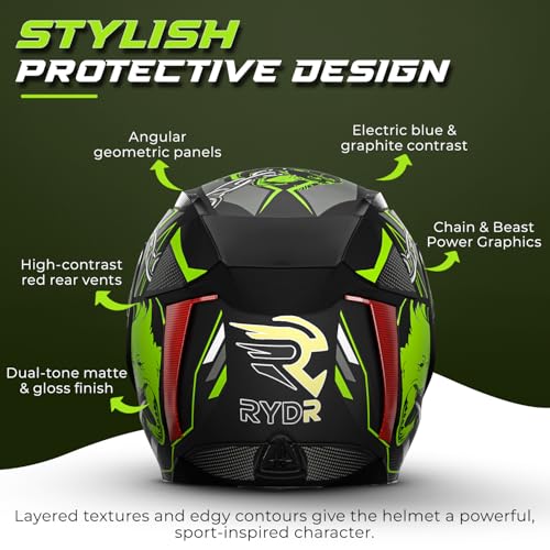 Image of Rydr AC Dx Flip-Up Full Face Motorbike Helmet (Black /Green Graphics) | Durable Two-Wheeler Helmet for Men & Women | Comfortable Fit with Air Ventilation for Safe Bike & Scooter Riding