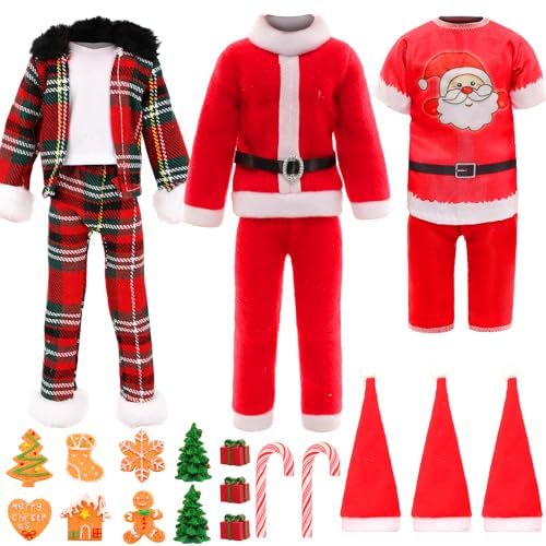 Miunana 12 Inch Boy Doll Christmas Costume and Accessories 17 PCS Male Doll Red Clothes and Hats Merry Christmas Dollhouse Decorate