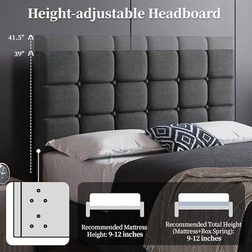 Yaheetech Full Size Upholstered Tufted Bed Frame with Headboard, Dark Gray | Sturdy engineered wood frame with linen fabric upholstery features a soft tufted headboard for easy assembly and support - Image 5