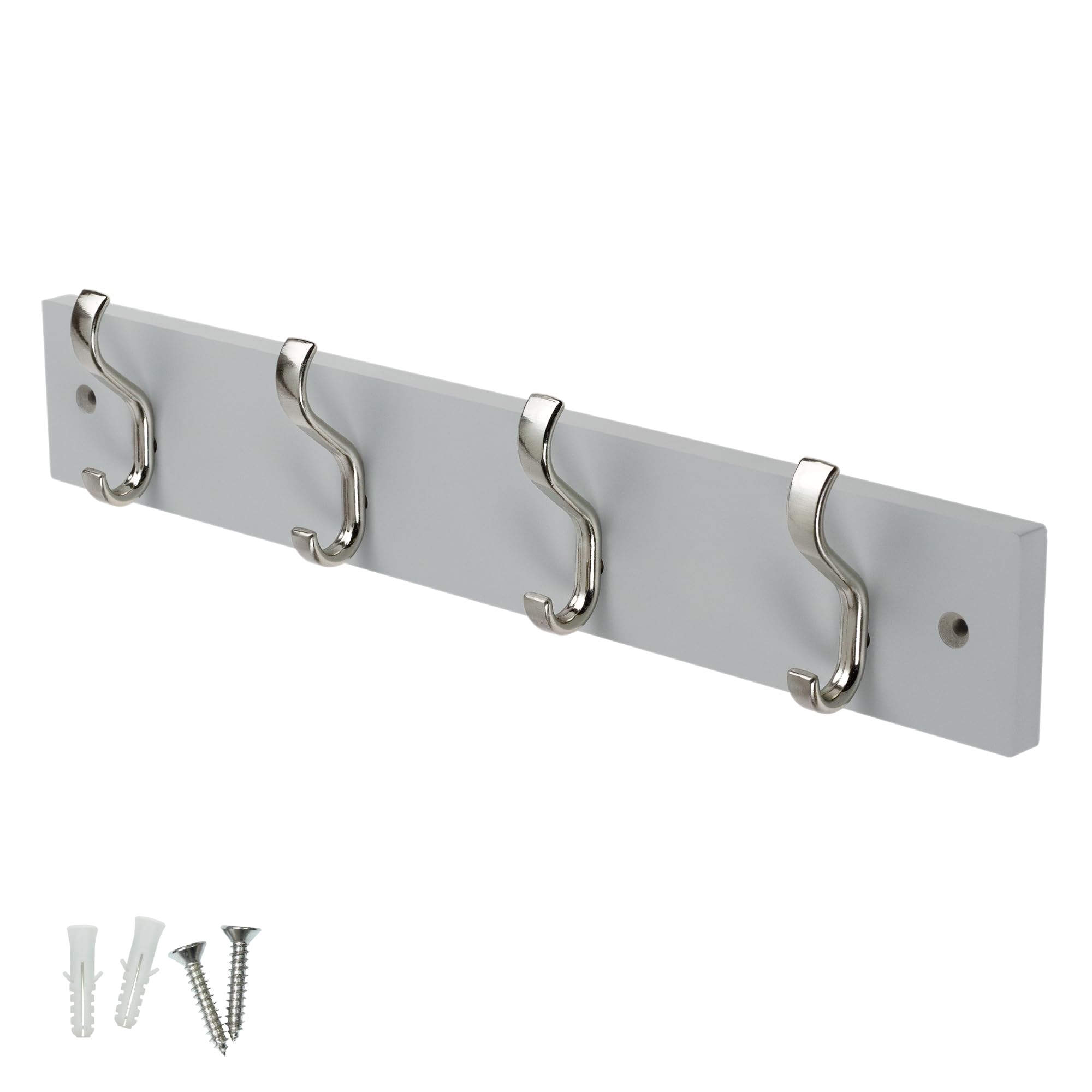 Keypak Satin Nickel/Dove Grey Minimalistic Wall-Mounted Coat Rack – 4 Hooks On Stylish Modern Wooden Base For Wall & Door – 38Cm – All Fixings Included ()