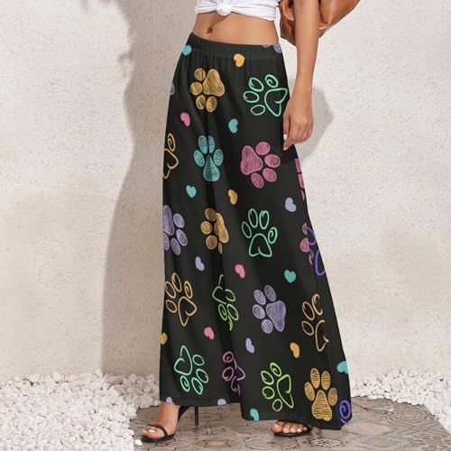 Womens Wide Leg Pants Animal Paw Pattern Casual High Waist Long Palazzo Pants Lounge Beach Trousers3