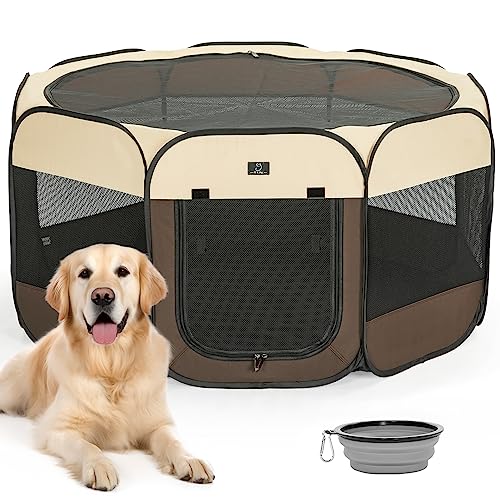 A 4 Pet Dog Playpen for Large Dogs, Portable and Collapsible Pet Playpen with Waterproof Bottom, Removable Zipper and Top, Dog pen Indoor/Outdoor Use, Brown