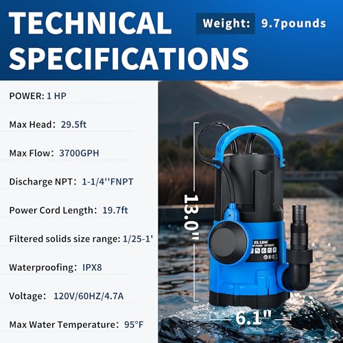 Image of 1HP Submersible Water Pump, 3700 GPH Sump Pump with Automatic Float Switch to Clean Water, Low Suction for Pools, Ponds, Gardens, Basements and Irrigation