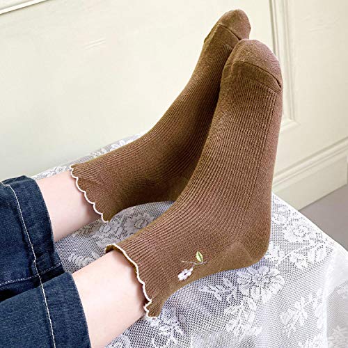 zrylibya Women's Ruffle Frilly Rib Knit Crew Socks Floral Embroidery Scalloped Pointelle Casual Ankle Socks 5 Pairs4