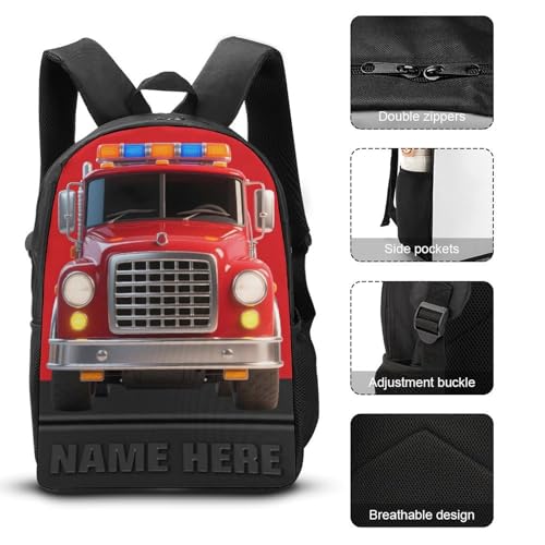 Personalized Fire Truck Backpacks Bags Set, Custom Name 3D Effect Fire Truck Bookbag 3 Pcs, Lightweight Daypack Bag Durable Shoulder Backpack for Camping Hiking Travel (Fire Truck 1)3