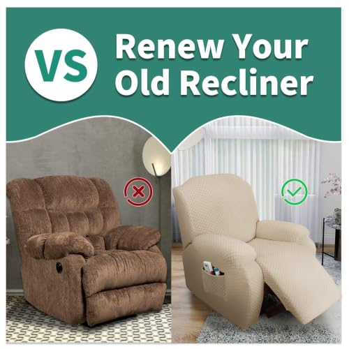 Image of YEMYHOM 4 Pieces Stretch Recliner Slipcover Jacquard Recliner Chair Cover with Side Pocket Anti-Slip Fitted Recliner Cover Couch Furniture Protector with Elastic Bottom (Recliner, Beige)