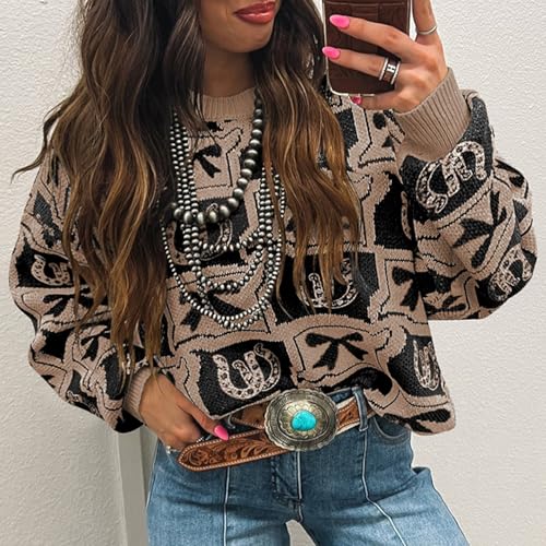 Western Pullover Sweaters for Women Fall Crewneck Knitted Sweater Drop Shoulder Ribbed Long Sleeve Knit Top2