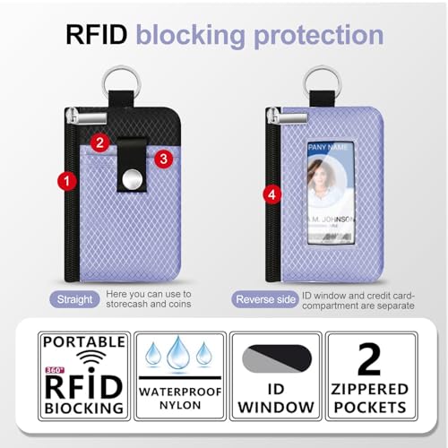 Image of Minimalist RFID Blocking Small Wallet with ID Window,WaterResistant Zip Id Case Wallet with Lanyard Keychain for Cards,Cash,Travel,Women,Men (Lavender Purple /Black)