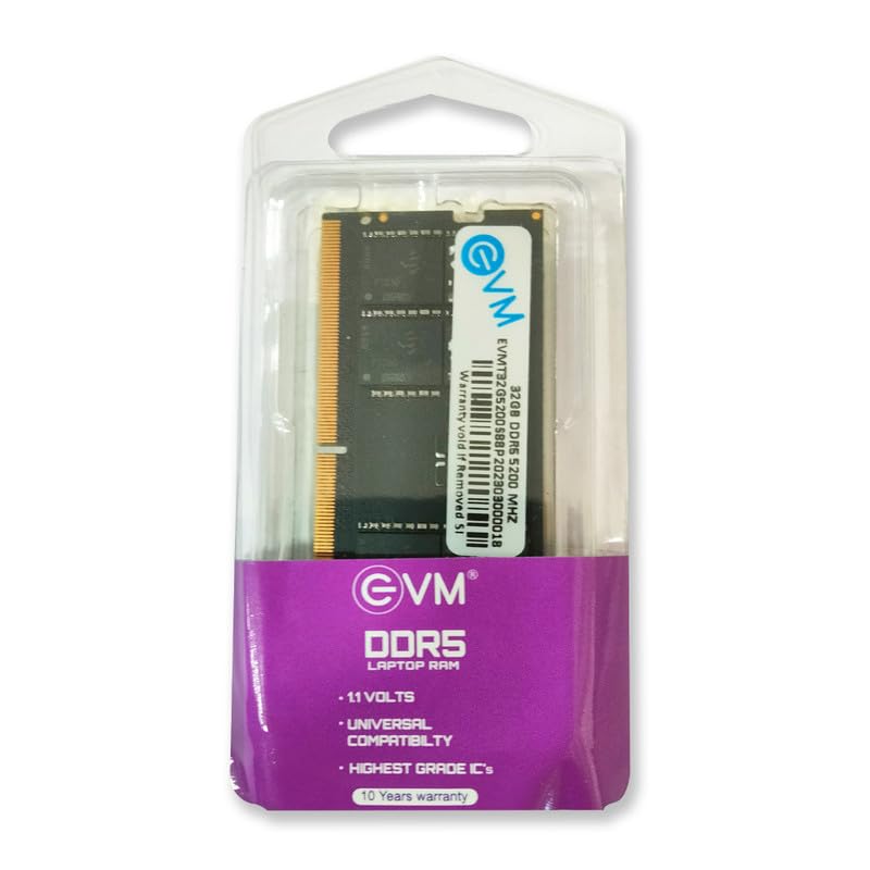 Image of EVM 32GB DDR5 Laptop RAM 5200 MHz SoDimm - High Performance Memory for MAC, Intel, AMD - 16 Chips, 256Mx8 Chip Density - Ideal for Editing, Gaming - 10 Years Warranty (EVMT32G5200S88P)