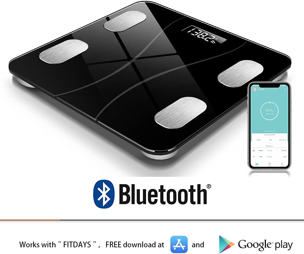 Bluetooth Body Fat Scale, Smart Wireless BMI Bathroom Weight Scale Body Composition Monitor Health Analyzer with Smartphone App for Body Weight, Fat, Water, BMI, BMR (Grey)