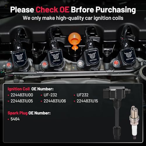 Image of BDFHYK 6 Ignition Coil Pack UF232 and 6 Iridium Spark Plug 5464 Compatible with INFINITI 1996-1999 I30, Compatible with Nissan 1995-1999 Maxima 3.0L V6 Coil for 2244831U00 UF-232
