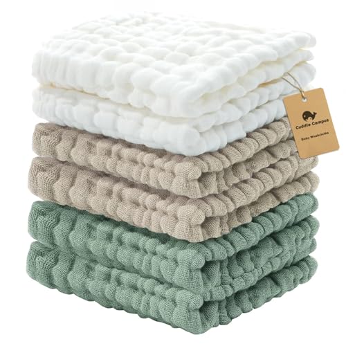 Image of Cuddle Campus Baby Washcloths 6 Packs, Muslin Washcloths Baby,Cotton Burp Cloths, Extra Absorbent and Soft Wash Clothes for Newborns, 12x12 Inches