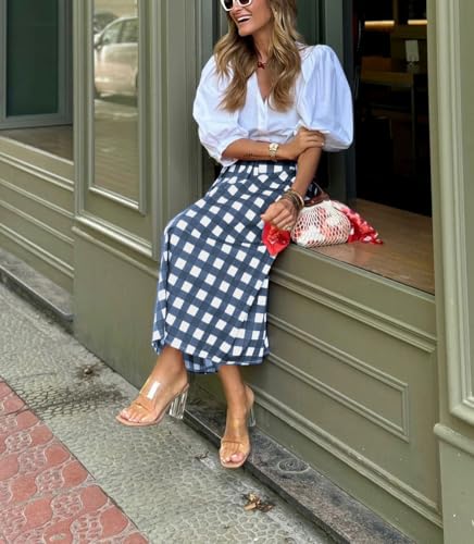 chouyatou Women's Vintage Plaid Checkered A Line Skirt Casual High Waisted Midi Long Skirt with Pockets4