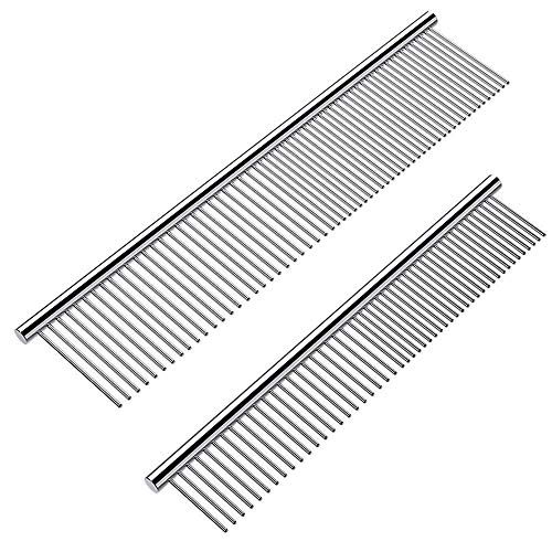 Pet Steel Combs Dog Cat Grooming Comb Tool for Removing Matted Fur - Pet Dematting Comb with Rounded Teeth and Non-Slip Grip Handle - Prevents Knots and Mats for Long and Short Haired Pets,6.5IN/7.4IN (2Pieces)