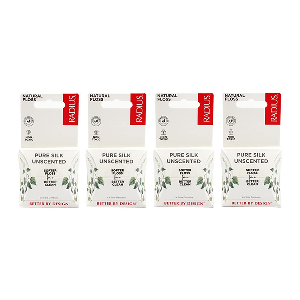 RADIUS Natural Unscented Silk Dental Floss 33 Yards Compostable Non-Toxic Oral Care & Designed to Help Fight Plaque Clear - Pack of 4