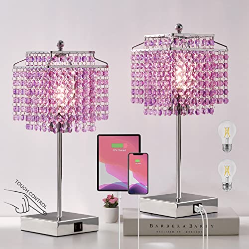 Image of Luvkczc Purple Bedside Crystal Table Lamp Set of 2, Touch Control Lamps | Dimmable Lamp with Crystal Shade for Bedroom, Girl Living Room, 6W B11 Bulb Included