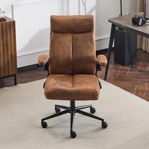 Bonnlo Chaise de Bureau, Fauteuil avec Accoudoir Pliables, Siège avec Mécanisme à Bascule, Fauteuil Bureau avec roulettes Pivotantes (Tissu, Marron)